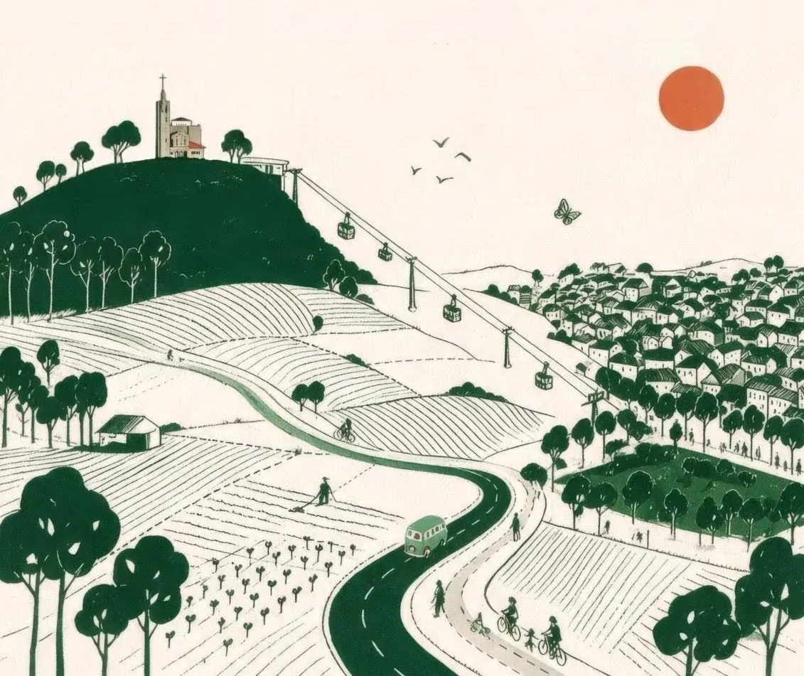 Uma paisagem ilustrada de Guimarães: a Penha, o teleférico, campos e casas, com pessoas a caminhar e a andar de bicicleta.